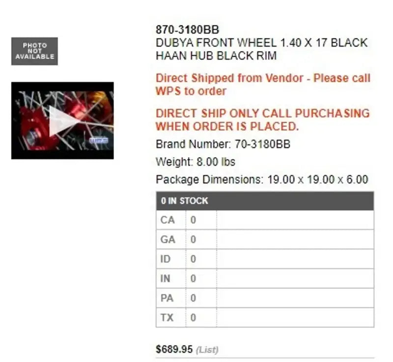 70-3180BB Dubya Front Wheel 1.40 X 17 Black Haan Hub Black Rim wps-870-3180bb