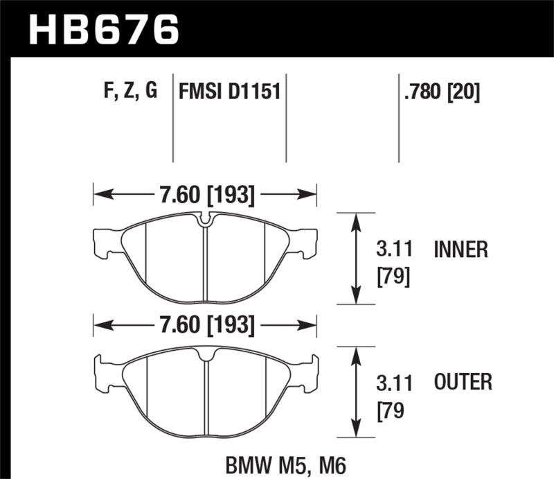 Hawk 06-10 BMW M5/M6 DC60 Front Brake Pads hawkHB676G.780