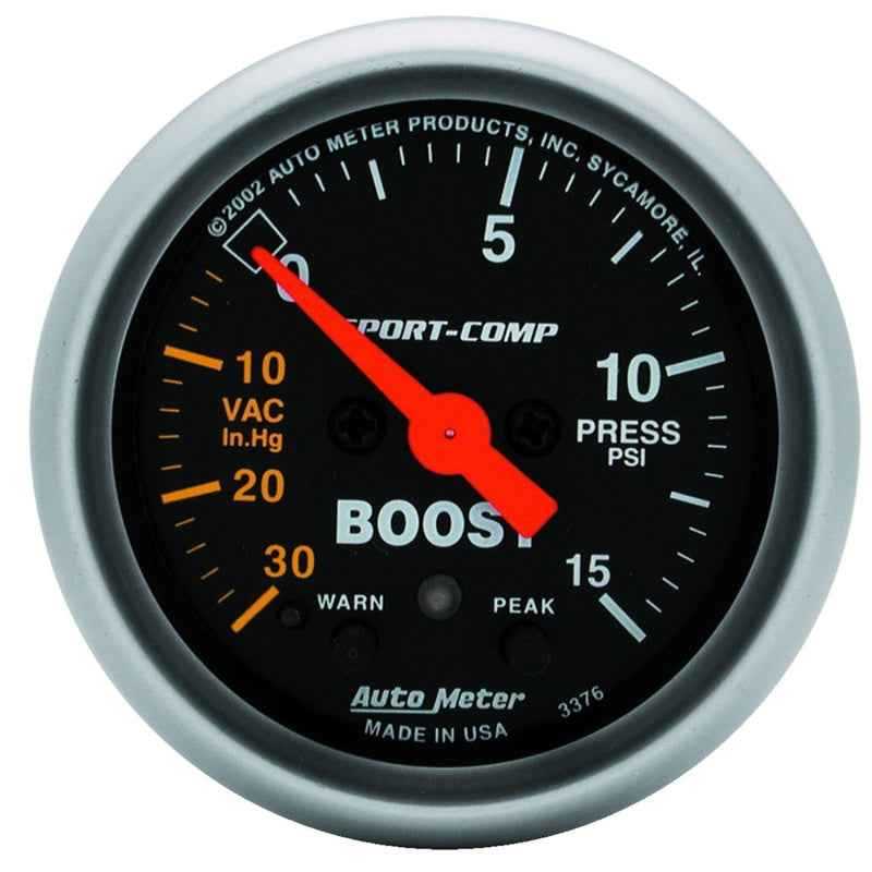 Autometer Sport-Comp 52mm Electronic Full Sweep 30 In Hg.-Vac./15 PSI Boost Gauge 3376