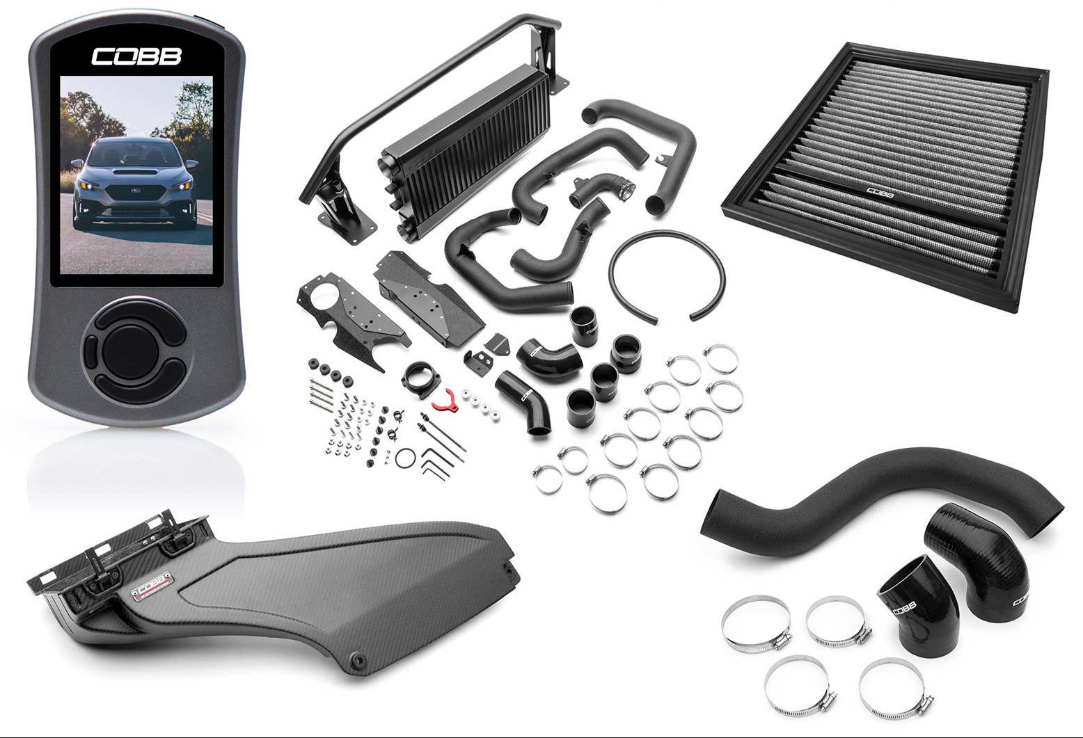 Cobb Stage 2 Power Package w/Black FMIC & Matte CF Scoop Subaru WRX 22-25 | SUB0060020-BK-FMIC-RMC