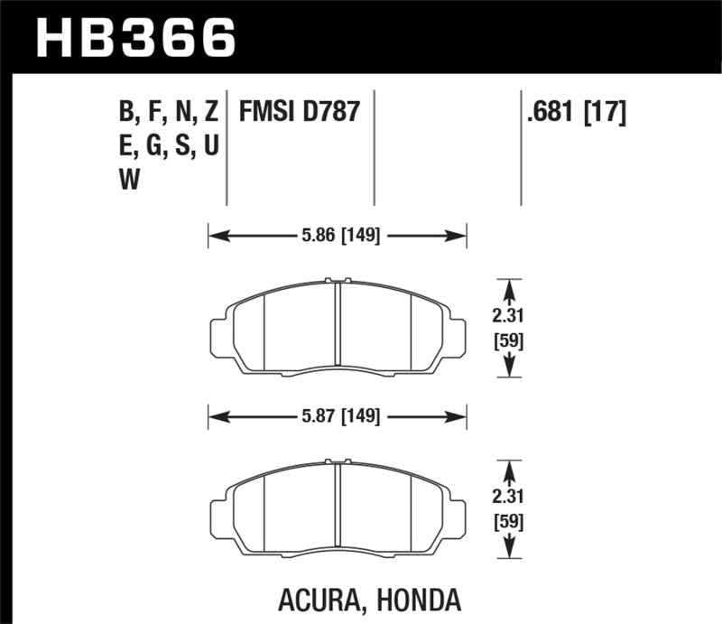 Hawk Acura / Honda DTC-30 Race Front Brake Pads HB366W.681