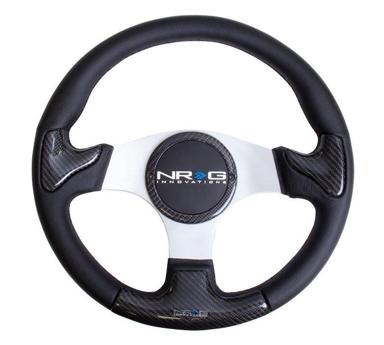 NRG 350mm Carbon Fiber Steering Wheel Silver frame black stitching w/ Rubber Cover Horn Button | ST-014CFSL