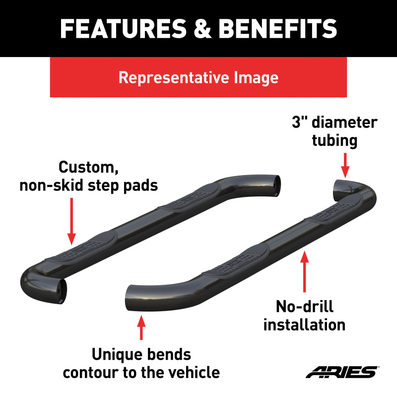 ARIES 3" Round Black Steel Side Bars, Select Ford Bronco Model 203038