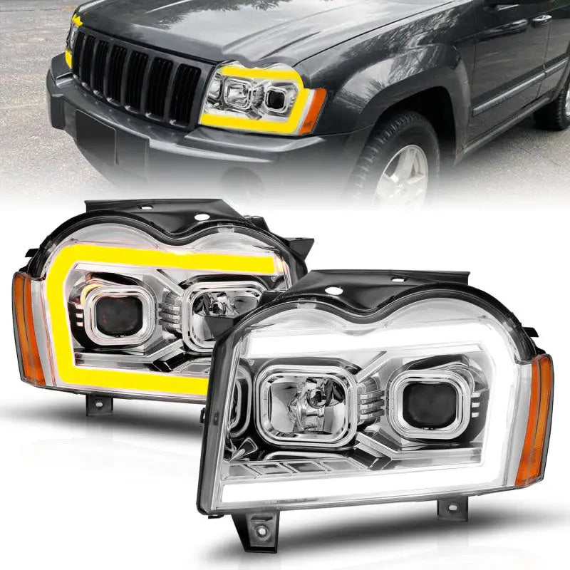 ANZO 05-07 Jeep Grand Cherokee Projector Headlights - w/ Light Bar Switchback Chrome Housing anz111544