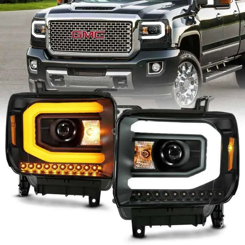 ANZO 2014-2015 Gmc Sierra 1500 Projector Headlight Plank Style Black w/ Switchback (Halogen Type) 111487