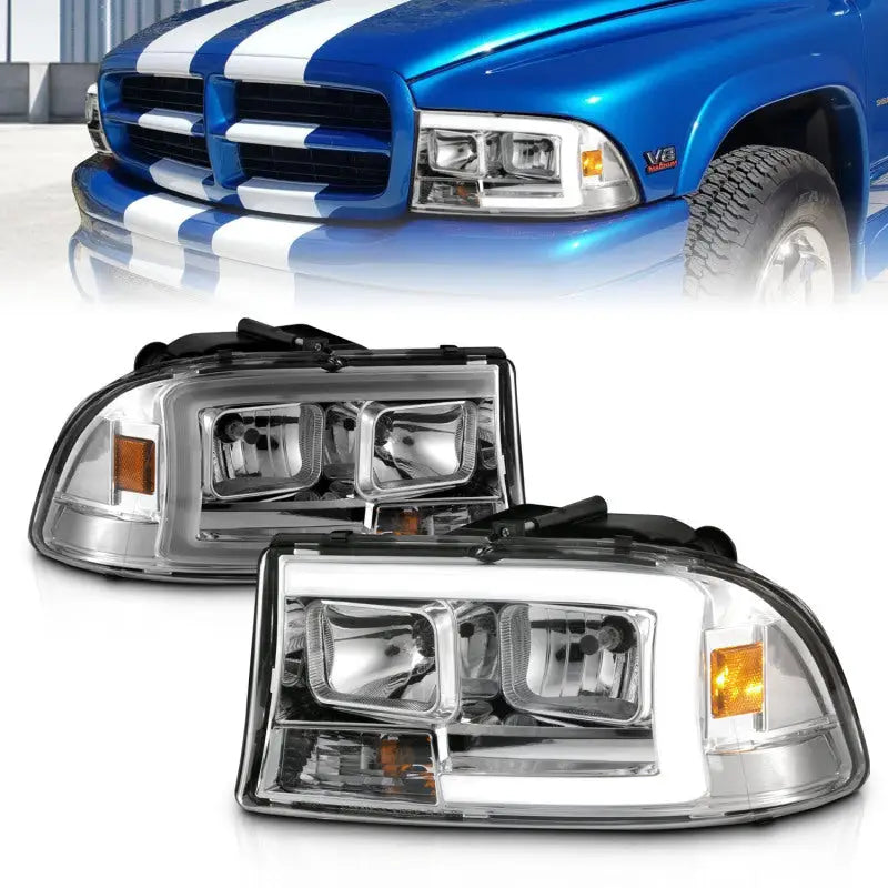 ANZO 97-04 Dodge Dakota/Durango Crystal headlight Set w/ Light Bar Chrome Housing anz111592