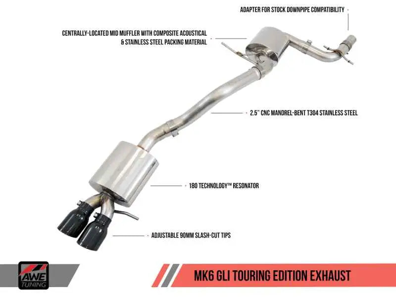 AWE Tuning Mk6 GLI 2.0T - Mk6 Jetta 1.8T Touring Edition Exhaust - Polished Silver Tips 3015-22058