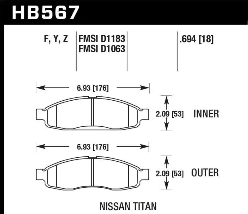 Hawk 04-06 infiniti QX56 / 05-06 Armada / 04 Pathfinder / 04-07 Titan LTS Street Front Brake Pads hb567y-694