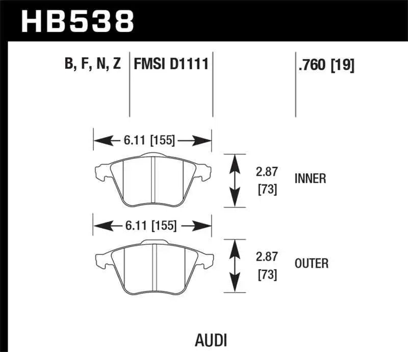 Hawk 09 Audi A4 Cabriolet / 05-07 A4 / 05-09 A4 Quattro / 06-09 A6 / 08 VW R32 HPS Front Brake Pads HB538F.760