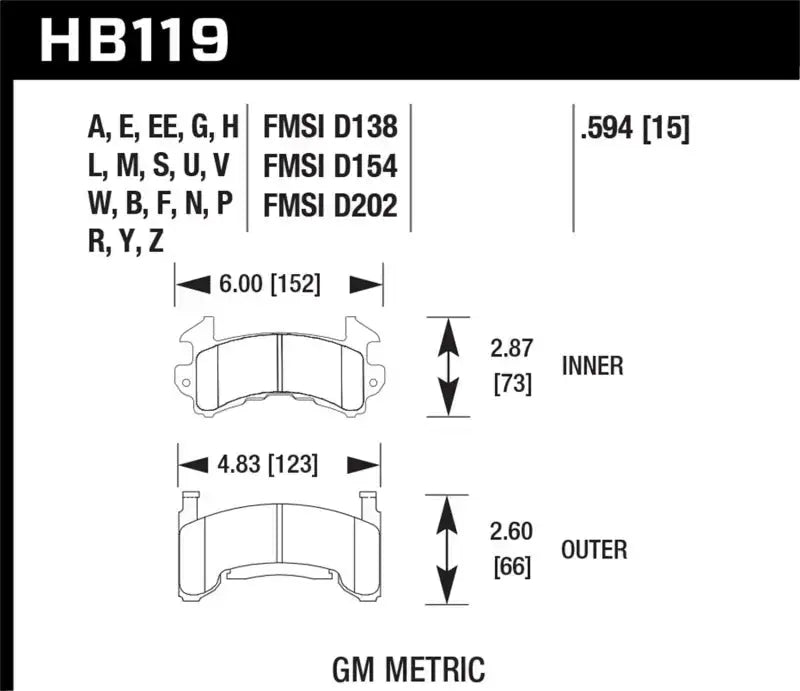 Hawk Buick / Cadillac / Chevrolet / GMC / Oldsmobile / Pontiac D-154 Caliper Black Race Brake Pads hawkhb119m-594