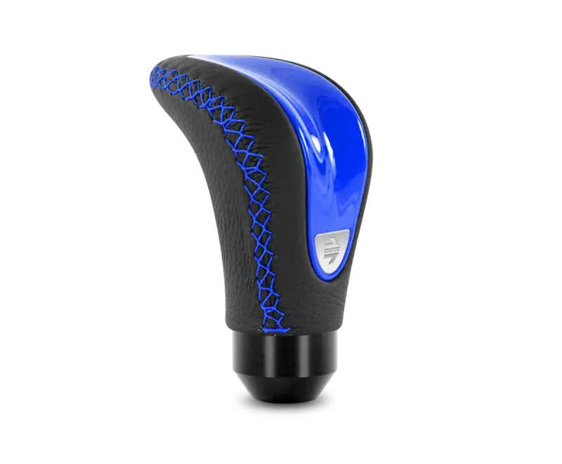 Momo Combat Evo Shift Knob - Black Leather, Blue Insert, Blue Stitching momcteblu