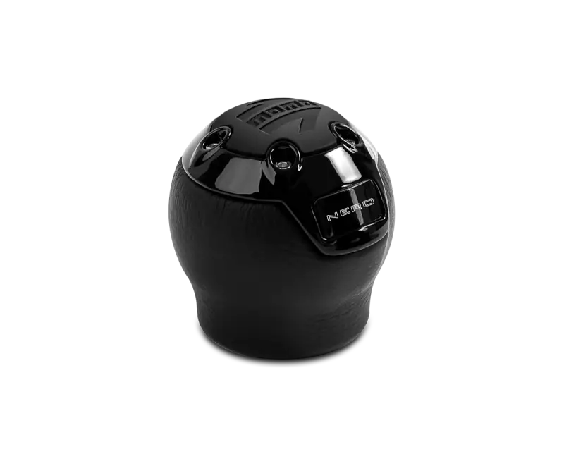 Momo Nero Shift Knob - Black Leather, Black Chrome Insert, with Reverse Lockout momNERBK1-R