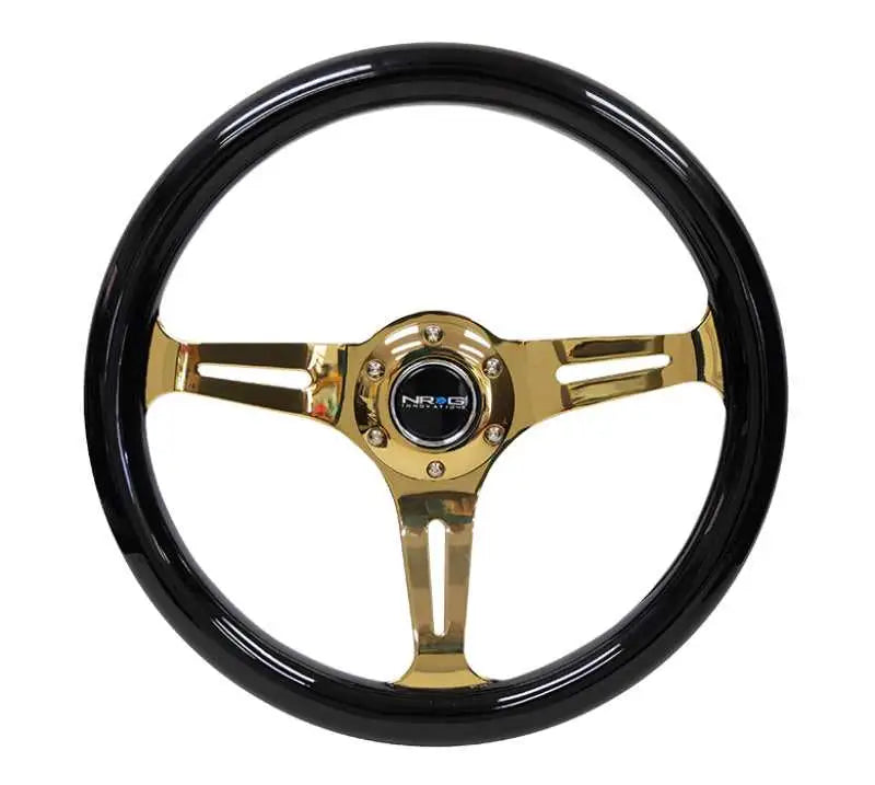 NRG Classic Wood Grain Steering Wheel (350mm) Black Grip w/Chrome Gold 3-Spoke Center st-015cg-bk