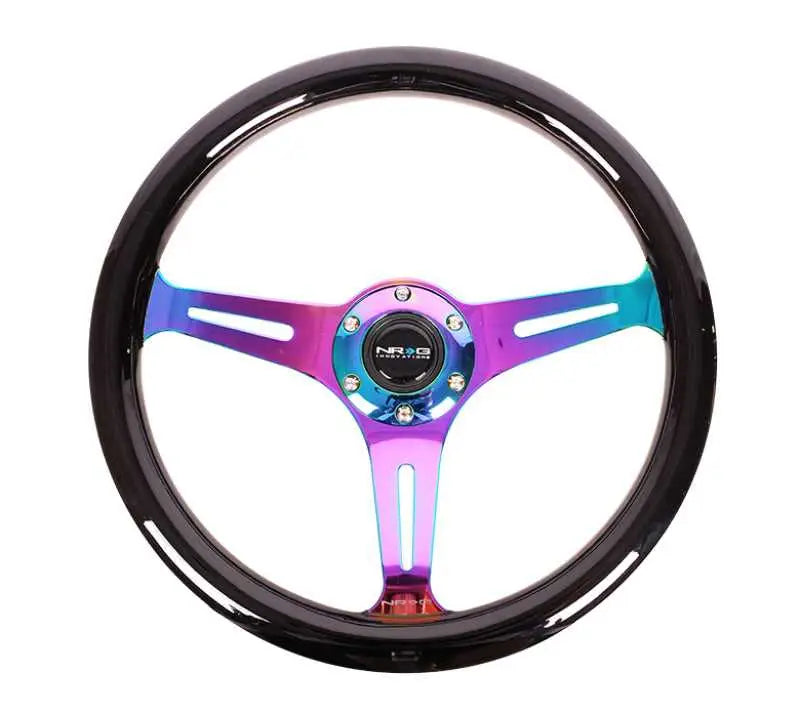 NRG Classic Wood Grain Steering Wheel (350mm) Black Paint Grip w/Neochrome 3-Spoke Center st-015mc-bk