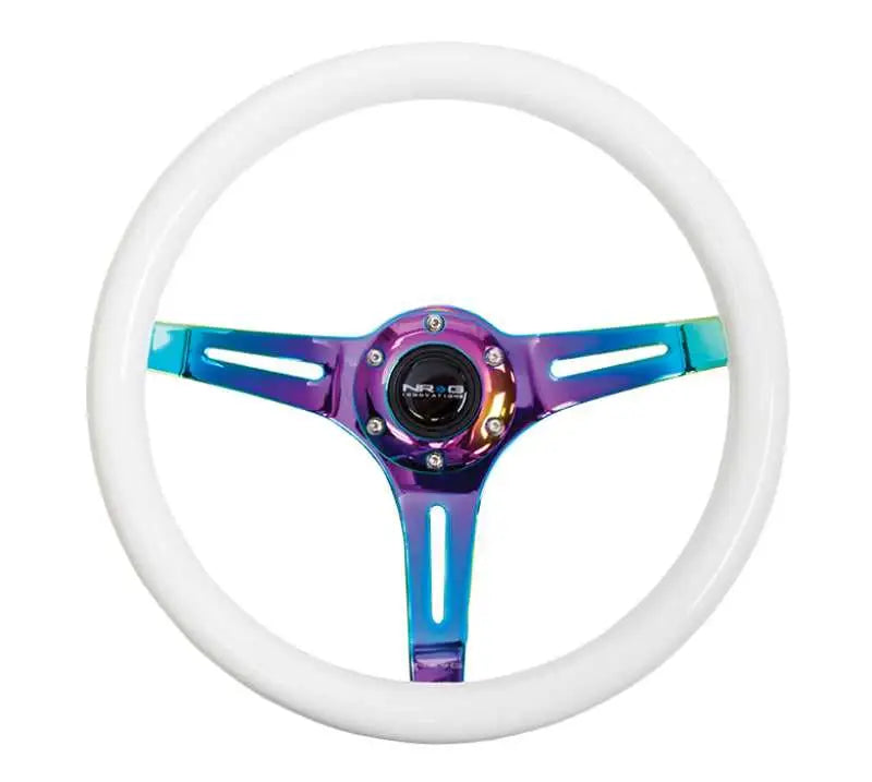 NRG Classic Wood Grain Steering Wheel (350mm) Glow-N-The-Dark Green Grip w/Neochrome 3-Spoke Center st-015mc-gl