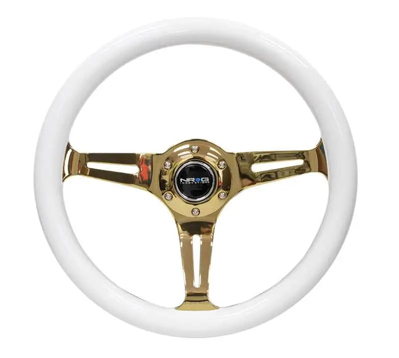 NRG Classic Wood Grain Steering Wheel (350mm) White Grip w/Chrome Gold 3-Spoke Center st-015cg-wt