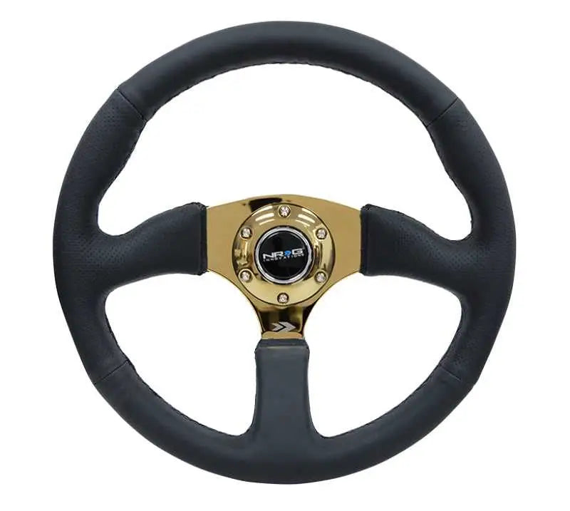 NRG Reinforced Steering Wheel (350mm / 2.5in. Deep) Leather Race Comfort Grip w/4mm Gold Spokes rst-023gd-r