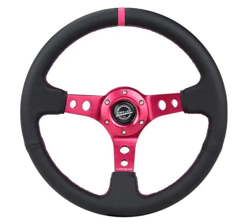 NRG Reinforced Steering Wheel (350mm/3in. Deep) Black Leather/ Fushia Center Mark/ Fushia Stitching rst-006fh
