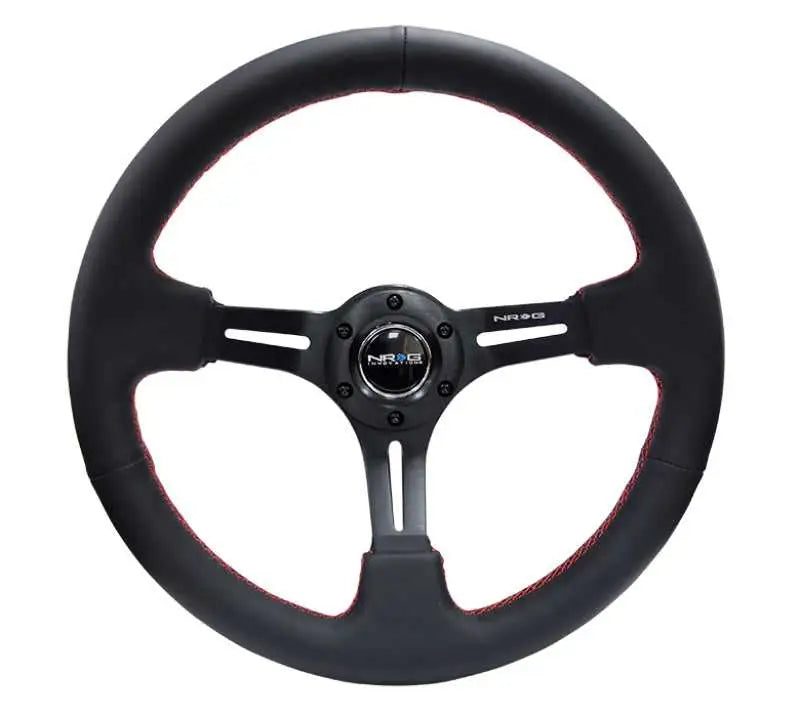 NRG Reinforced Steering Wheel (350mm / 3in. Deep) Black Leather/Red Stitch & Blk 3-Spoke w/Slits rst-018r-rs