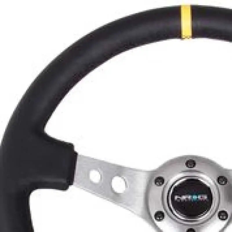 NRG Reinforced Steering Wheel (350mm / 3in. Deep) Blk Leather w/Gunmetal Cutout Spoke & Yellow CM rst-006gm-y