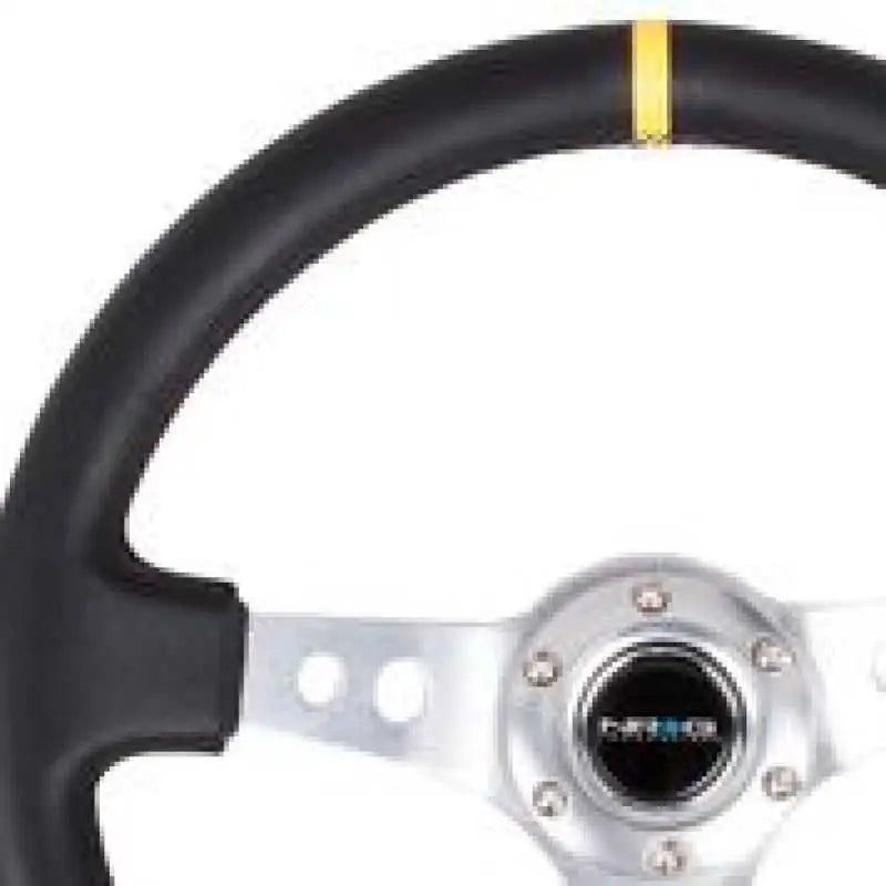 NRG Reinforced Steering Wheel (350mm / 3in. Deep) Blk Leather w/Circle Cut Spokes & Single Yellow CM rst-006sl-y