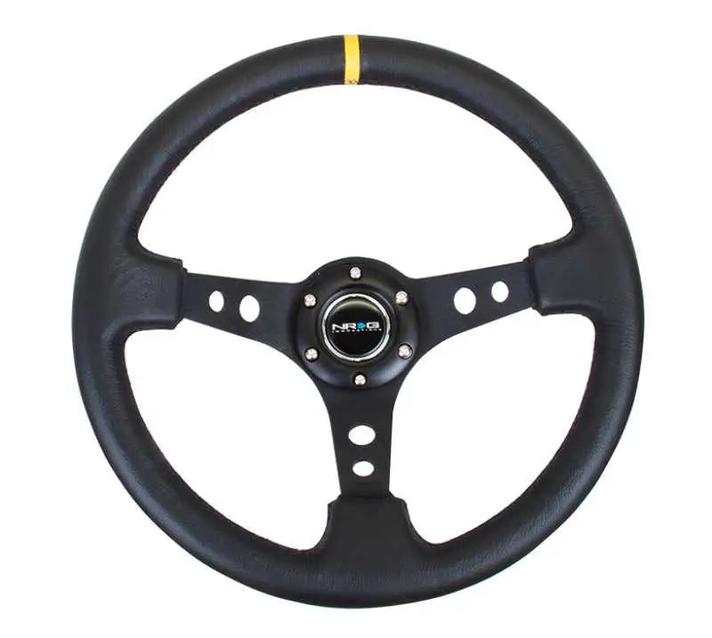 NRG Reinforced Steering Wheel (350mm / 3in. Deep) Blk Leather w/Blk Cutout Spoke/Yellow Center Mark rst-006bk-y