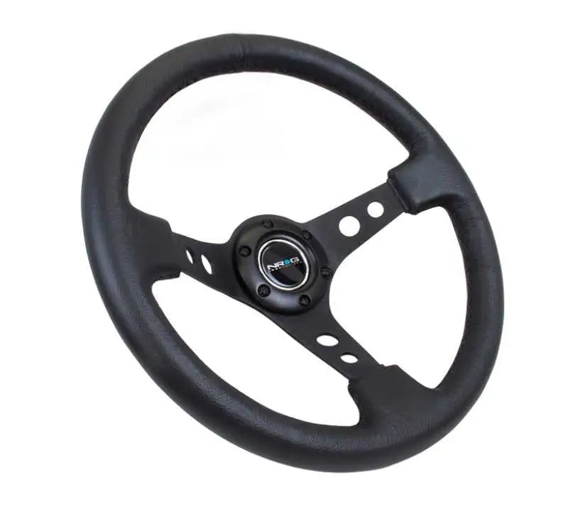NRG Reinforced Steering Wheel (350mm / 3in. Deep) Blk Leather w/Blk Spoke & Circle Cutouts rst-006bk
