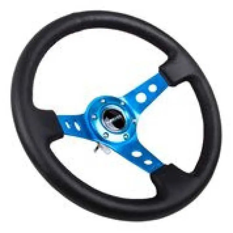 NRG Reinforced Steering Wheel (350mm / 3in. Deep) Blk Leather w/Blue Circle Cutout Spokes rst-006bl