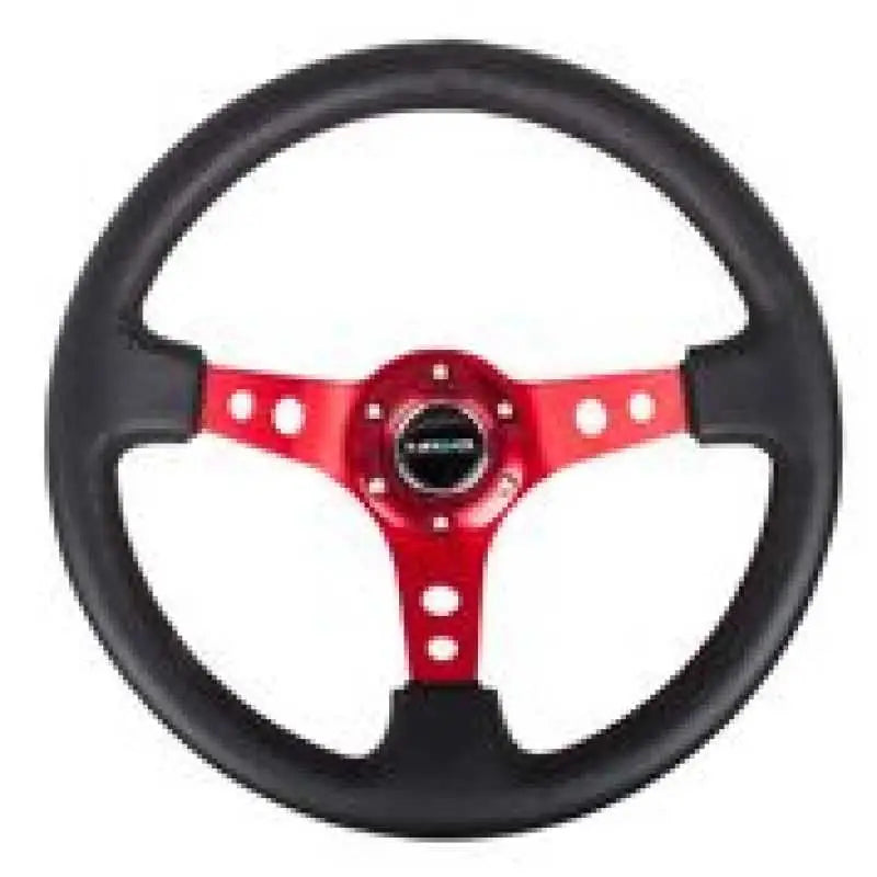 NRG Reinforced Steering Wheel (350mm / 3in. Deep) Blk Leather w/Red Circle Cutout Spokes rst-006rd