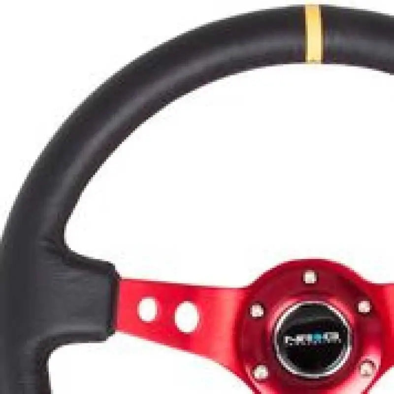 NRG Reinforced Steering Wheel (350mm / 3in. Deep) Blk Leather w/Red Spokes & Sgl Yellow Center Mark rst-006rd-y