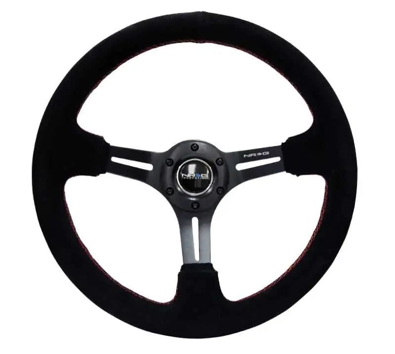 NRG Reinforced Steering Wheel (350mm / 3in. Deep) Blk Suede w/Red Stitching & 5mm Spokes w/Slits rst-018s-rs