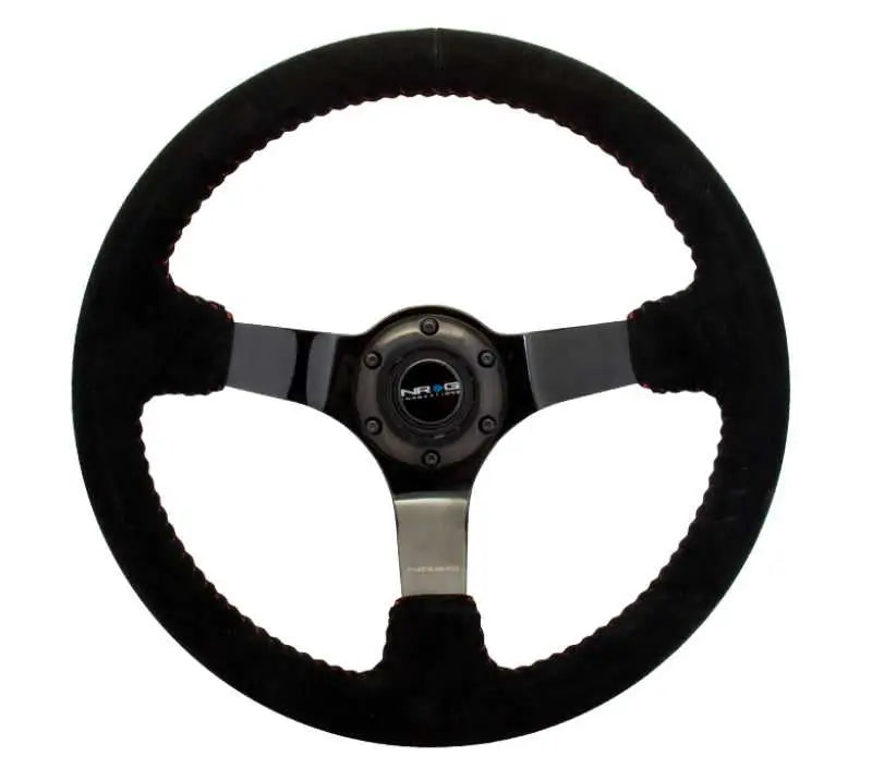 NRG Reinforced Steering Wheel (350mm / 3in. Deep) Blk Suede w/Red BBall Stitch & Black 3-Spoke rst-036bk-s