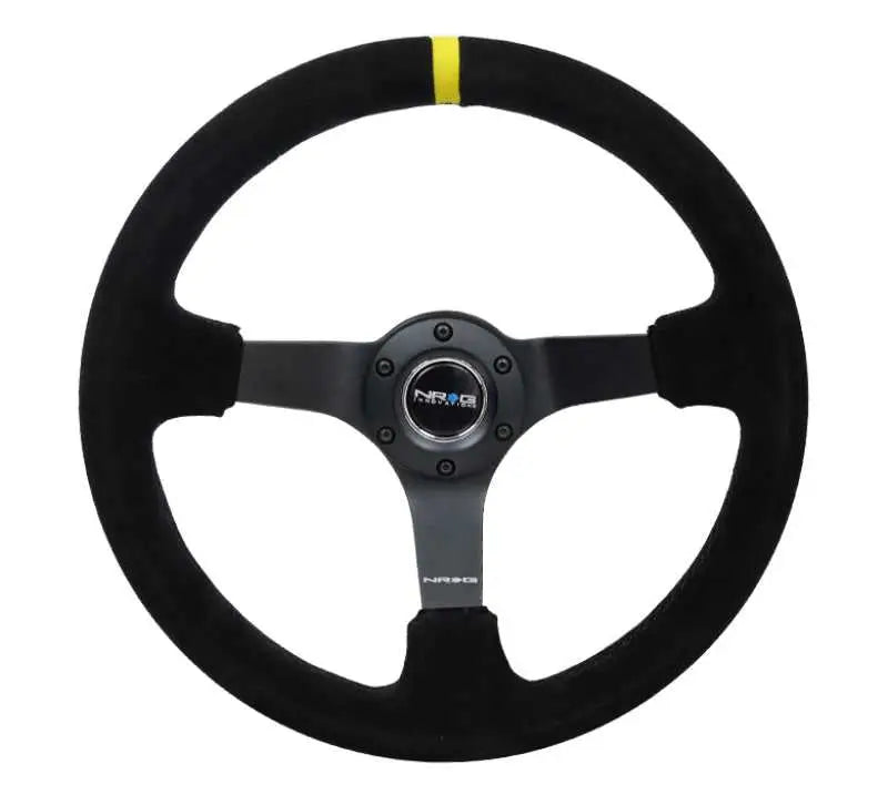 NRG Reinforced Steering Wheel (350mm / 3in. Deep) Blk Suede/X-Stitch w/5mm Blk Spoke & Yellow CM rst-036mb-s-y