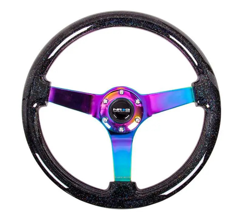 NRG Reinforced Steering Wheel (350mm / 3in. Deep) Classic Blk Sparkle w/4mm Neochrome 3-Spoke Center rst-036bsb-mc