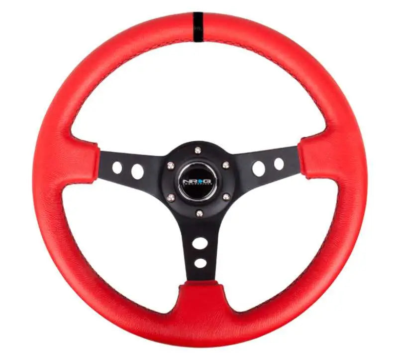 NRG Reinforced Steering Wheel (350mm / 3in. Deep) Red Suede w/Blk Circle Cutout Spokes rst-006s-rr