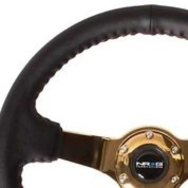 NRG Reinforced Steering Wheel (3in Deep / 4mm) 350mm Blk Leather w/Red BBall Stitch & Gold Spoke rst-036cg