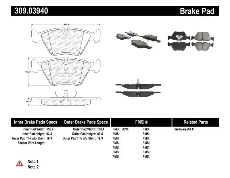 StopTech 95-99 BMW M3 / 01-07 M3 E46 / 89-93 M5 / 98-02 Z3 M series / 93-95 530 Front Brake Pads 309-03940